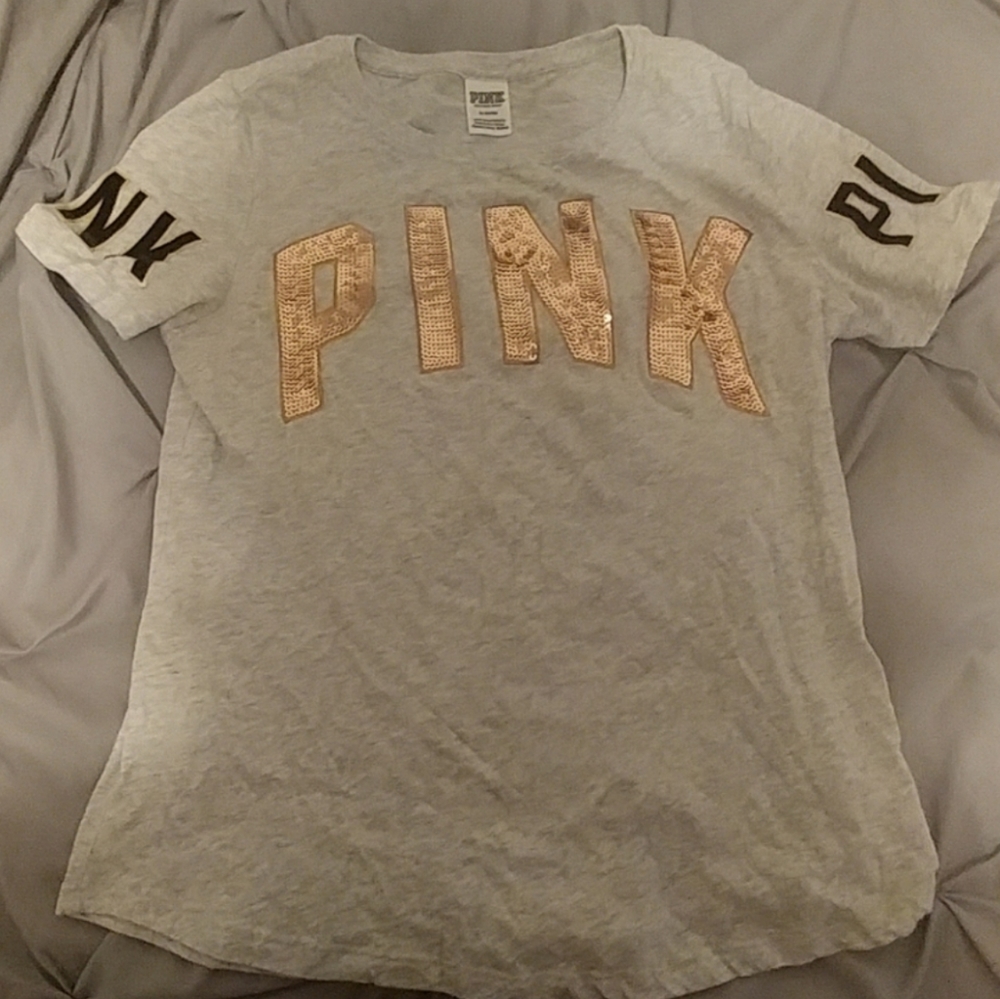 Pink Victorias Secret Sz M Bling Sequin Gray Tee